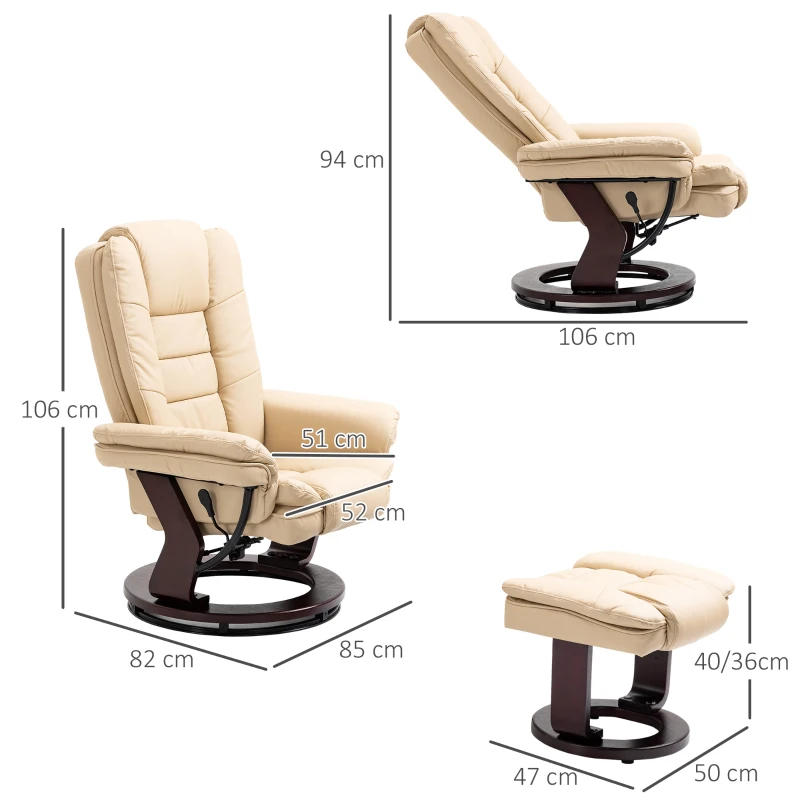 HOMCOM Set Fotoliu Relax și Pouf pentru Picioare, Rotativ la 360° si Reclinabil, Imitatie de piele PU cu Suport pentru Cap si Brate, Bej