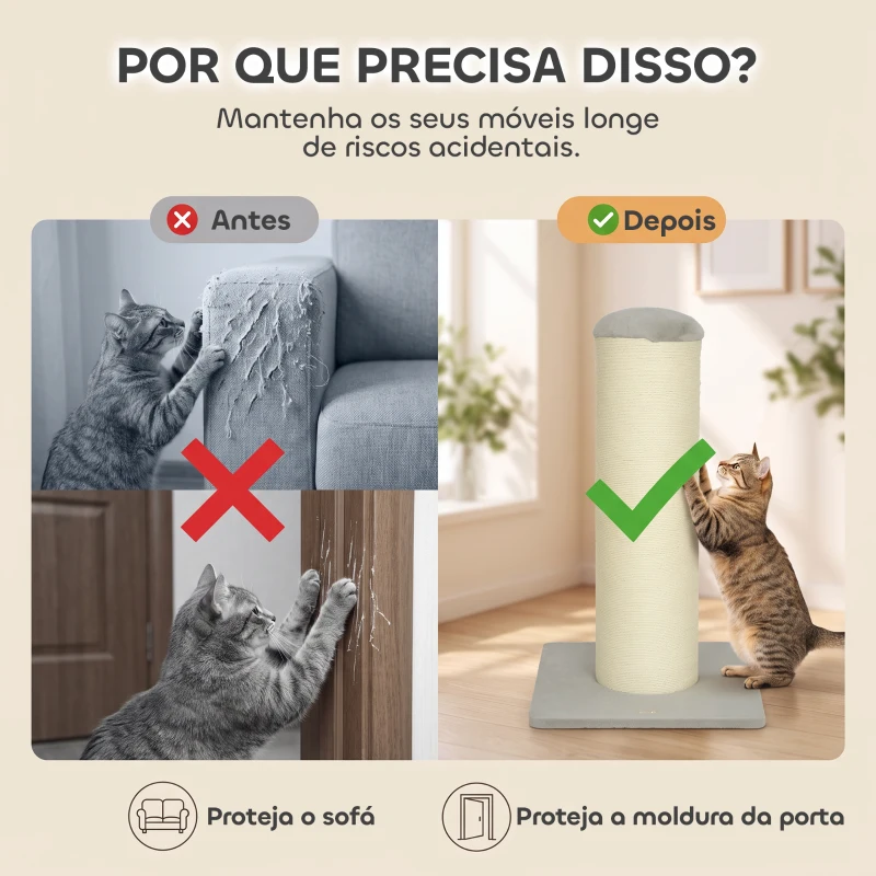 PawHut Poste Arranhador para Gatos 75,5 cm com Base Estável e Corda de Sisal Natural, Cinzento-Claro
