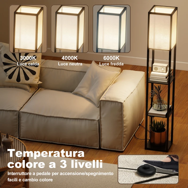 HOMCOM Lampada da Terra con Ripiani, Luce Regolabile, Interruttore a Pedale e Porte USB, Nero