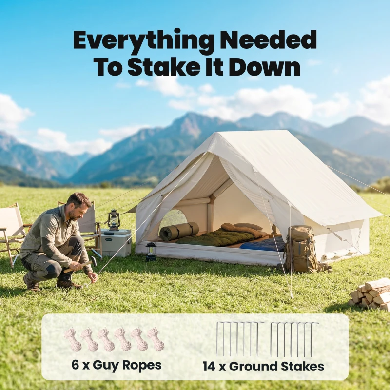 Outsunny Inflatable Tent Waterproof for Camping Blow Up Tent with Pump Carry Bag for 2-4 Person, Beige
