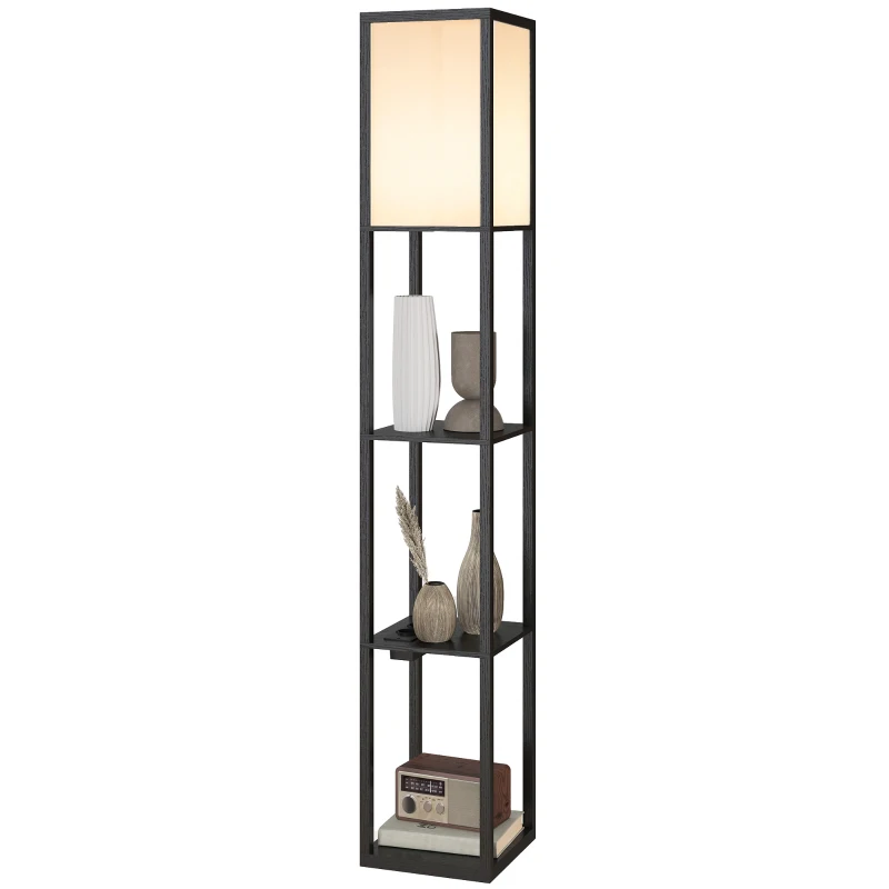 HOMCOM Lampada da Terra con Ripiani, Luce Regolabile, Interruttore a Pedale e Porte USB, Nero