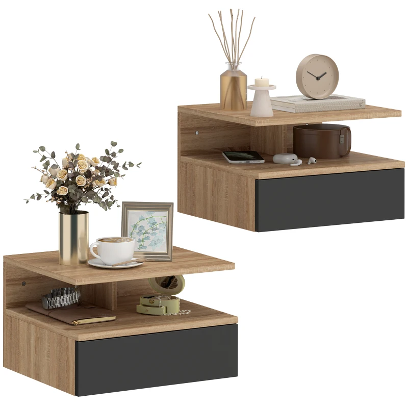 HOMCOM Set de 2 noptiere suspendate moderne cu sertar și raft superior, 35x32x22,5cm, stejar și negru