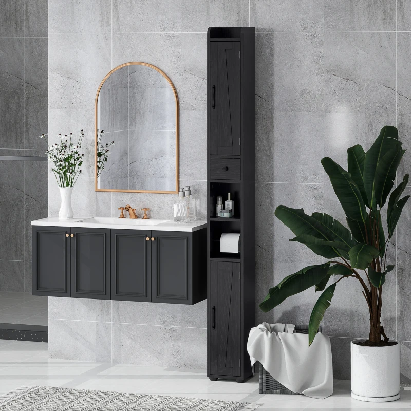 HOMCOM Coluna Casa de Banho com Compartimento Aberto Prateleiras Ajustáveis e Suporte para Papel Higiênico 20x20x185 cm Preto
