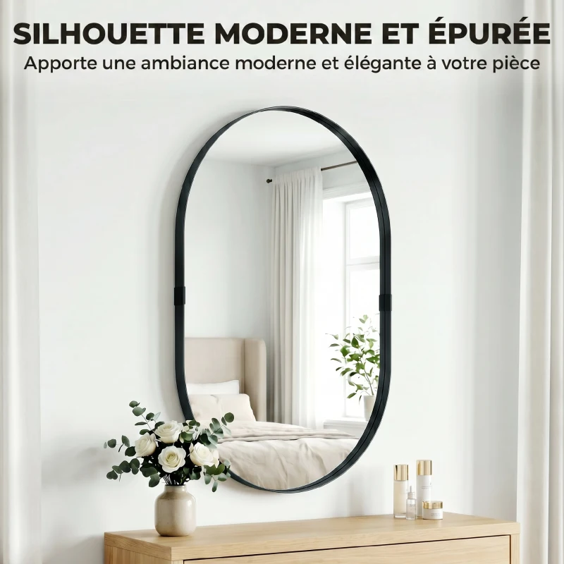 HOMCOM Miroir mural, miroir décoratif 60 x 90 cm en verre trempé et cadre en aluminium, pour chambre, salon, couloir, noir