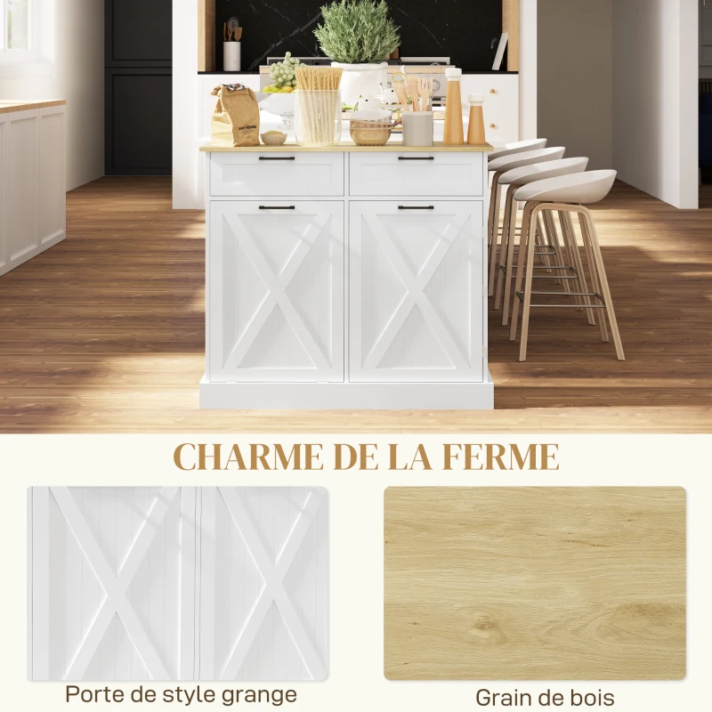 HOMCOM Buffet cuisine avec meuble poubelle 38L, meuble cuisine rangement, 2 tiroirs, étagère à épices et plan de travail, blanc