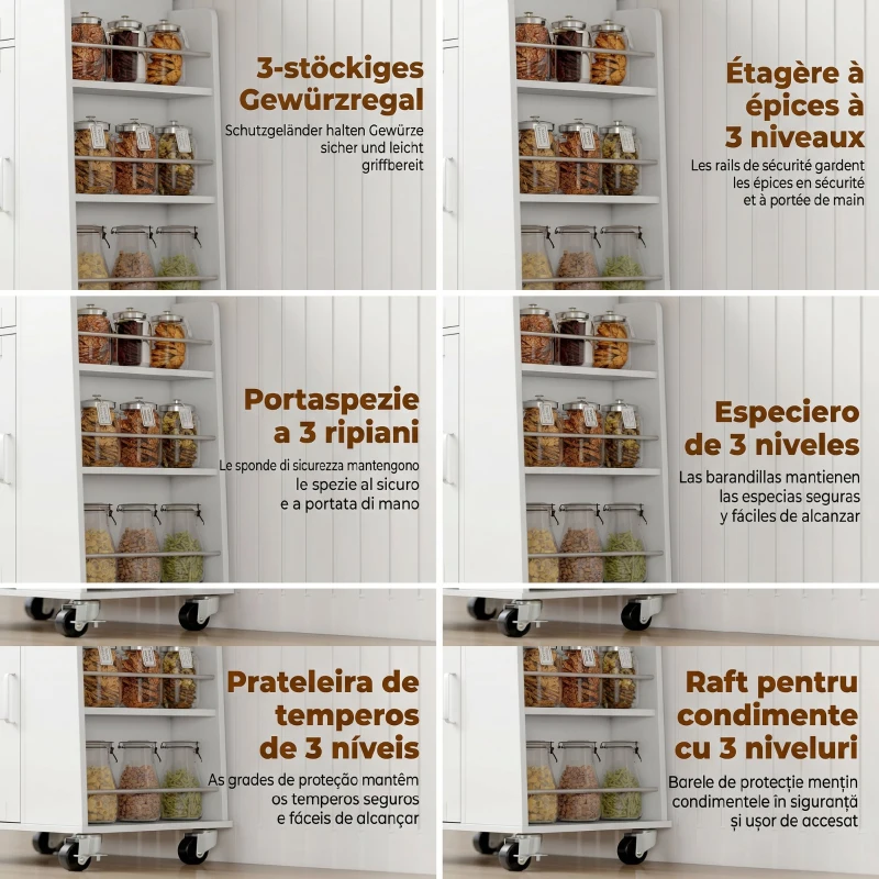 HOMCOM Cărucior de Bucătărie cu Sertar, Dulap, Suport pentru Prosoape și 3 Suporturi pentru Condimente, din Lemn, 62x40x87 cm, Alb