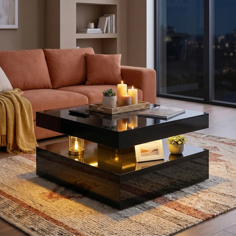 HOMCOM LED Coffee Table with Storage, 2-Tier Modern Centre Table with Open Shelf and Remote for Living Room, High Gloss Black
