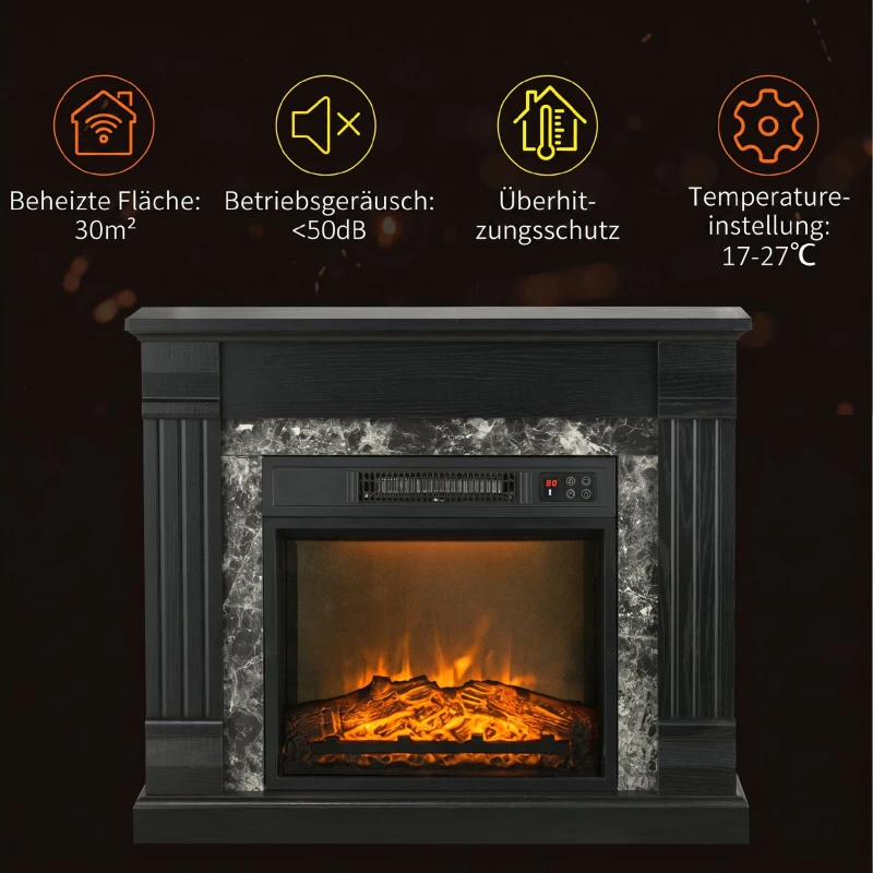 HOMCOM Semineu Electric care se Amplaseaza pe Podea cu Temporizator, Flacara Realista si Temperatura Reglabila, din Metal, ABS si PAL, 80x21.6x67.8 cm, Negru