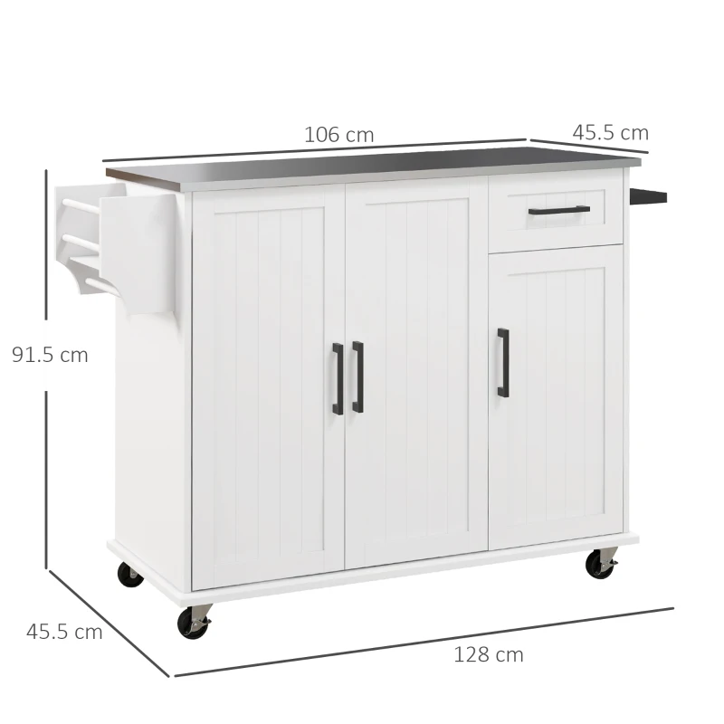 HOMCOM Insulă de Bucătărie cu Sertar, Dulap și 2 Rafturi Deschise, din MDF și Oțel Inoxidabil, 128x45,5x91,5 cm(m-3)