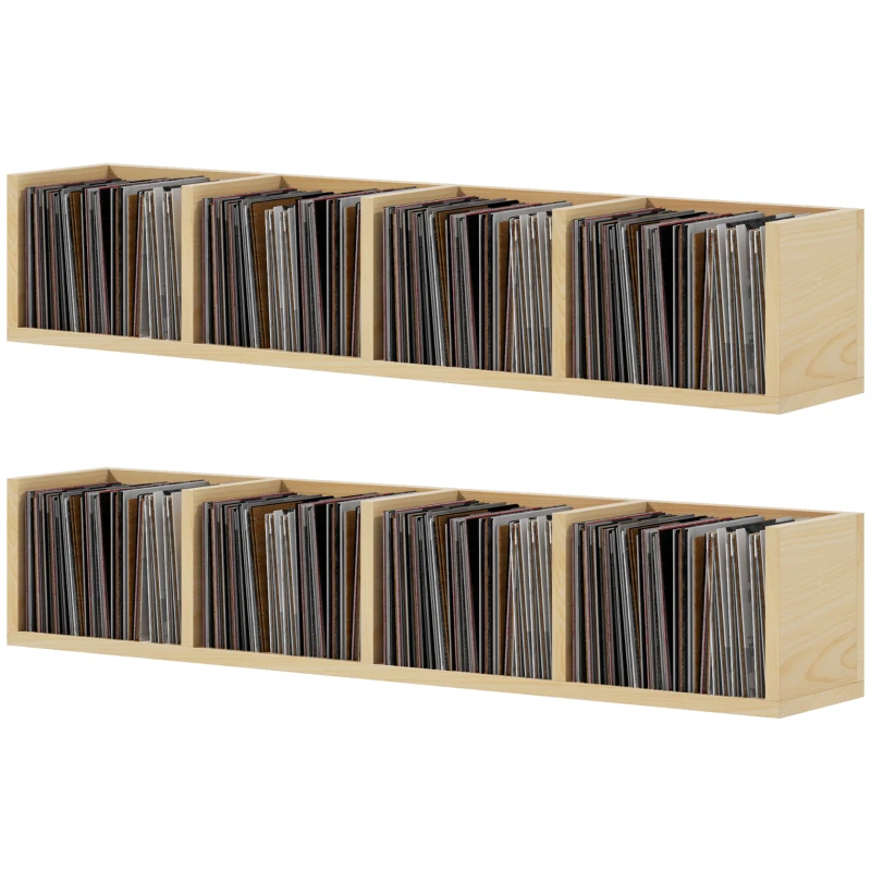HOMCOM Wall Mount 84 CD / 56 DVD/Blu-ray/ Media Storage Rack 4 Cubes, Wooden Shelf Organiser Unit Bookcase Display, Set of 2, Natural Wood Finish