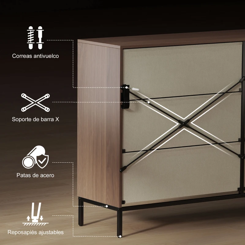 HOMCOM Cómoda con 6 Cajones de Tela Frentes con Patrón de Diamante para Salón Oficina Vestidor Natural y Blanco