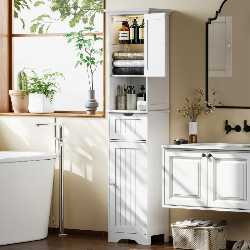 HOMCOM Mobile Colonna Bagno in Legno con 2 Armadietti con Sensore, Ripiano Aperto e Cassetto, 40x30x170 cm, Bianco