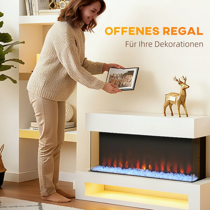 HOMCOM Elektro-Kamin mit 11 Flammenfarben, 10 Kristallbett-Farben, 1000W/2000W, Fernbedienung, vielseitig einsetzbar, Weiß