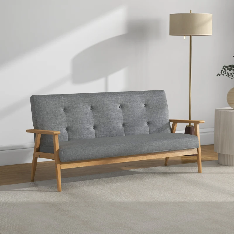 HOMCOM Dreisitzer-Polstersofa, Kautschukholz, 154,5 x 69,5 x 73 cm, Grau(m-10)