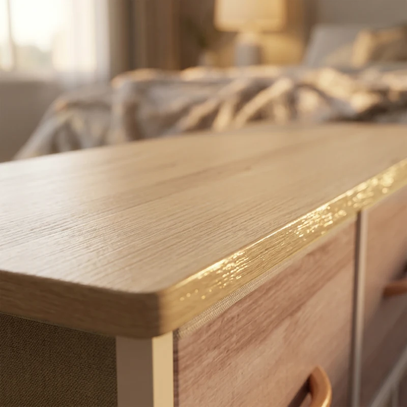 HOMCOM Kommode mit 5 Schubladen, Stoffkommode mit Metallrahmen und Holzoberfläche, Naturholz und Weiß