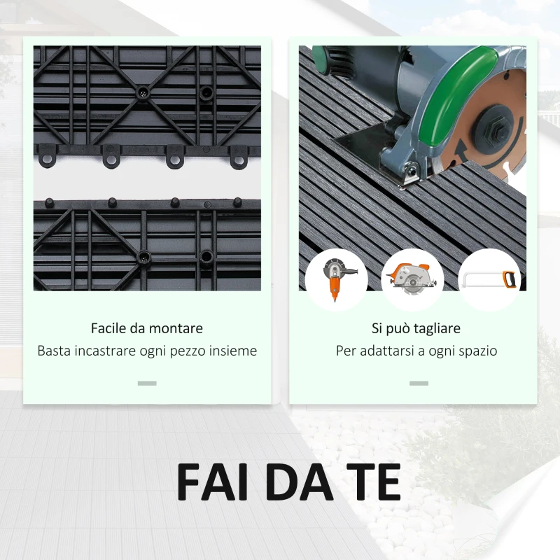 Outsunny Set 11 Piastrelle per Esterni ad Incastro Antiscivolo in HDPE Riciclato, 30x30x2.2 cm, Grigio