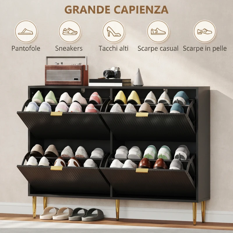 HOMCOM Scarpiera Slim per 20 Paia di Scarpe con 4 Cassetti a Ribalta e Ripiani Regolabili, 105x24x91.5 cm, Nero