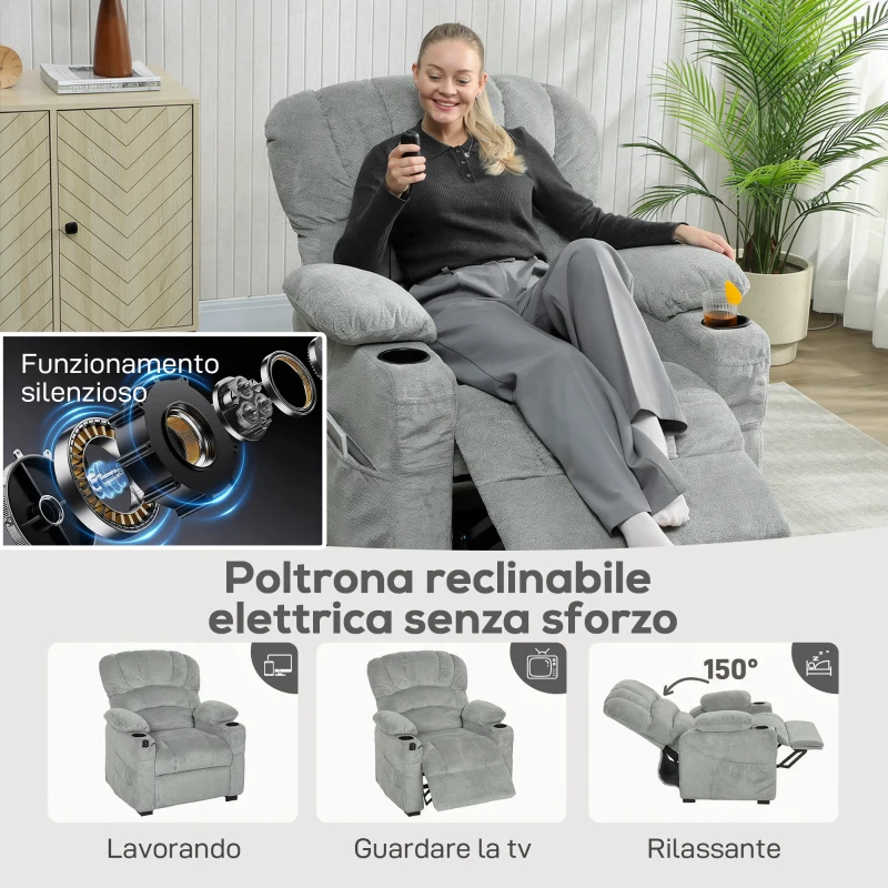 HOMCOM Poltrona Relax Elettrica Reclinabile 150° con Poggiapiedi, Seduta Ampia, Silenziosa, Velluto, Grigio