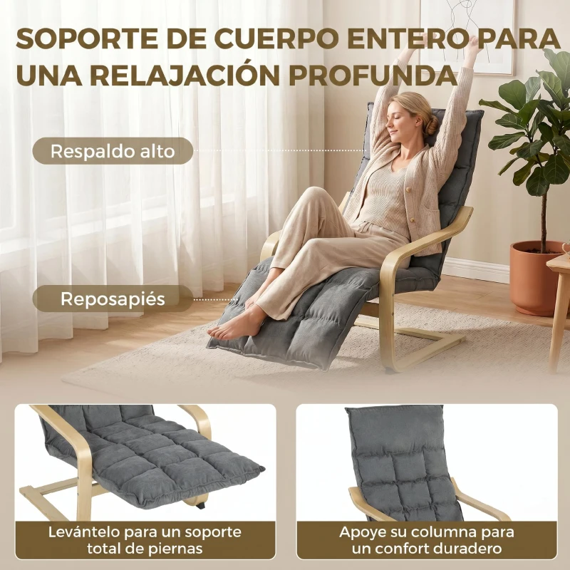 HOMCOM Butaca de Salón Tapizada en Lino con Reposapiés con Balanceo Suave Respaldo Alto Asiento Amplio Gris