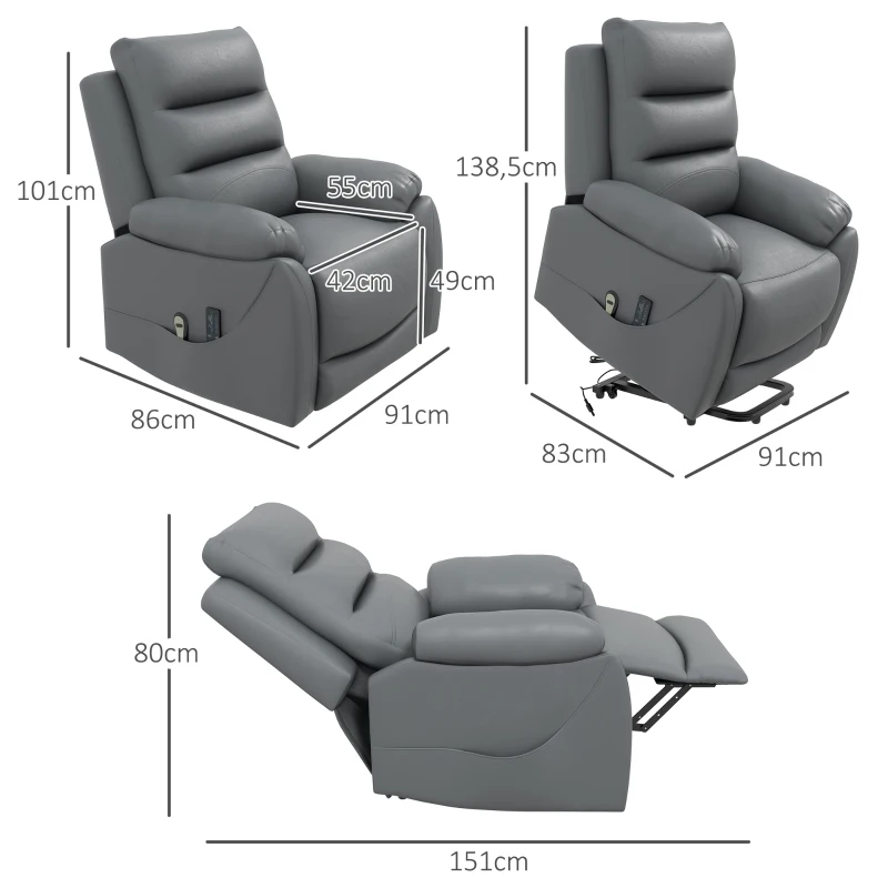 HOMCOM Relaxsessel mit Aufstehhilfe, Massagefunktion, bis 180 kg, Kunstleder, Grau