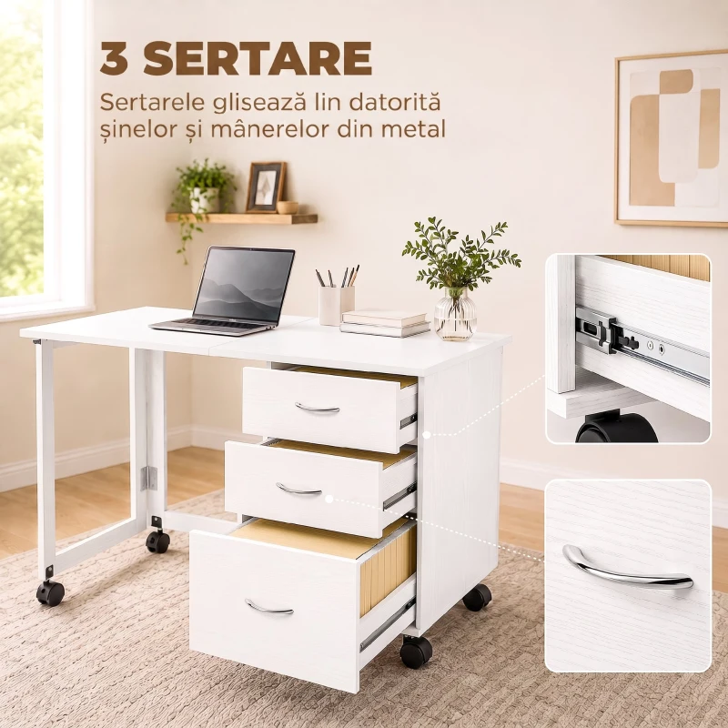 HOMCOM Birou Calculator Pliabil Con 3 Sertare, Alb Effetto Lemn