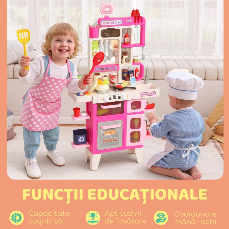 AIYAPLAY Bucătărie de Jucărie pentru Copii 3-6 Ani cu 104 Accesorii, din PP, PE și ABS, 52,5x22x100 cm, Roz