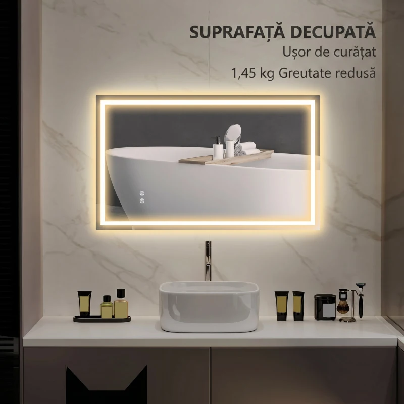 HOMCOM Oglindă de baie cu lumini LED reglabilă în 3 culori și strat antișoc, din sticlă și metal, 100x3x60 cm