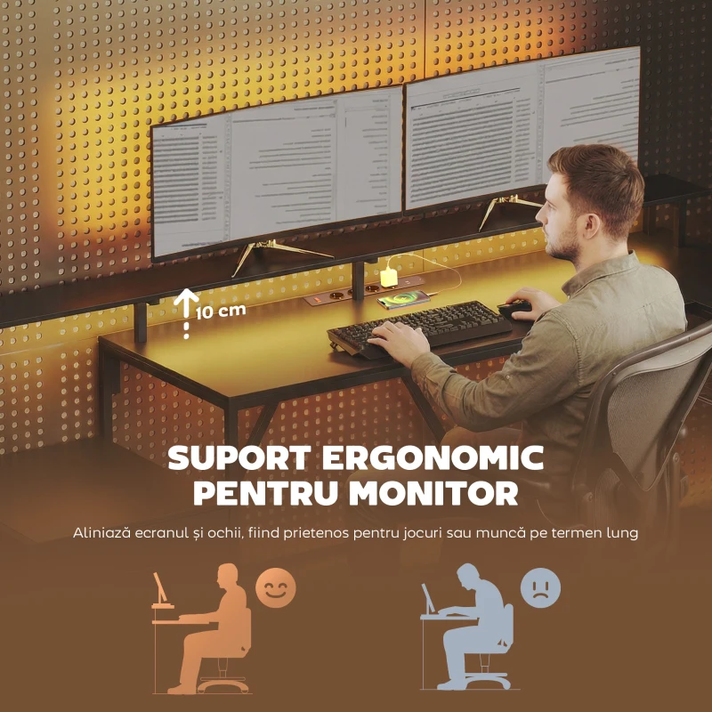 HOMCOM Birou de Gaming Unghiular cu Hub de Încărcare, Lumină LED și Suport Monitor, din Lemn și Oțel, 192,5x80x86,5 cm, Negru