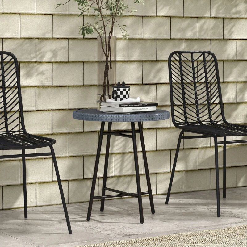 Outsunny Tavolino da Giardino Moderno con Piano in Plastica di Legno, in Rattan e Acciaio, 50x50x55 cm, Grigio e Nero