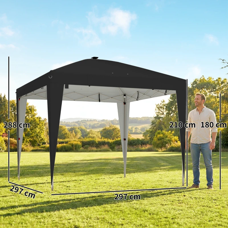 Outsunny Pavilion pliabil 3x3 m, înălțime reglabilă, cu lumină centrală și telecomandă, din metal și poliester, negru