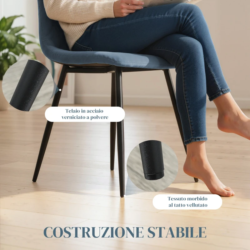 HOMCOM Set 4 Sedie per Cucina Imbottite, in Tessuto Effetto Velluto e Acciaio, 45x54x87 cm, Azzurro