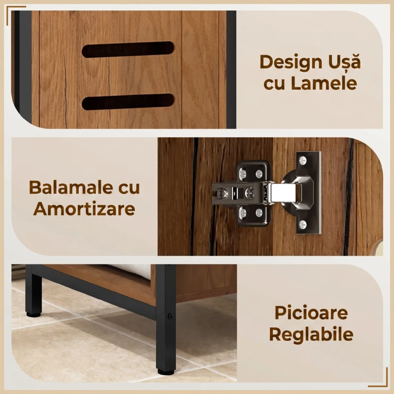 kleankin Dulap Baie Înalt și Îngust, Dulăpior Economisitor cu Uși Tip Jaluzea, 3 Rafturi Deschise, Maro Rustic