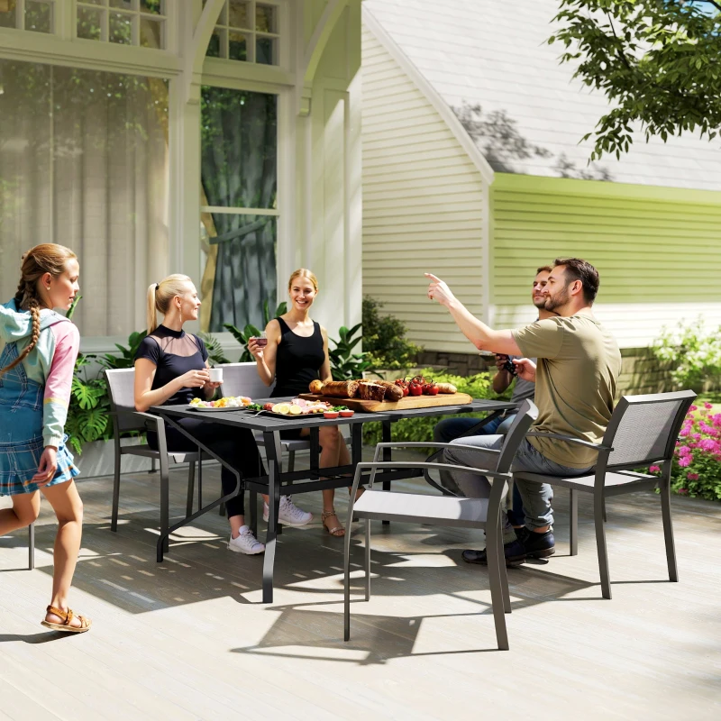 Outsunny Gartentisch Stahl 150x90 cm Wetterfest Balkontisch mit Schirmloch, Lamellen-Design für 6 Personen Schwarz