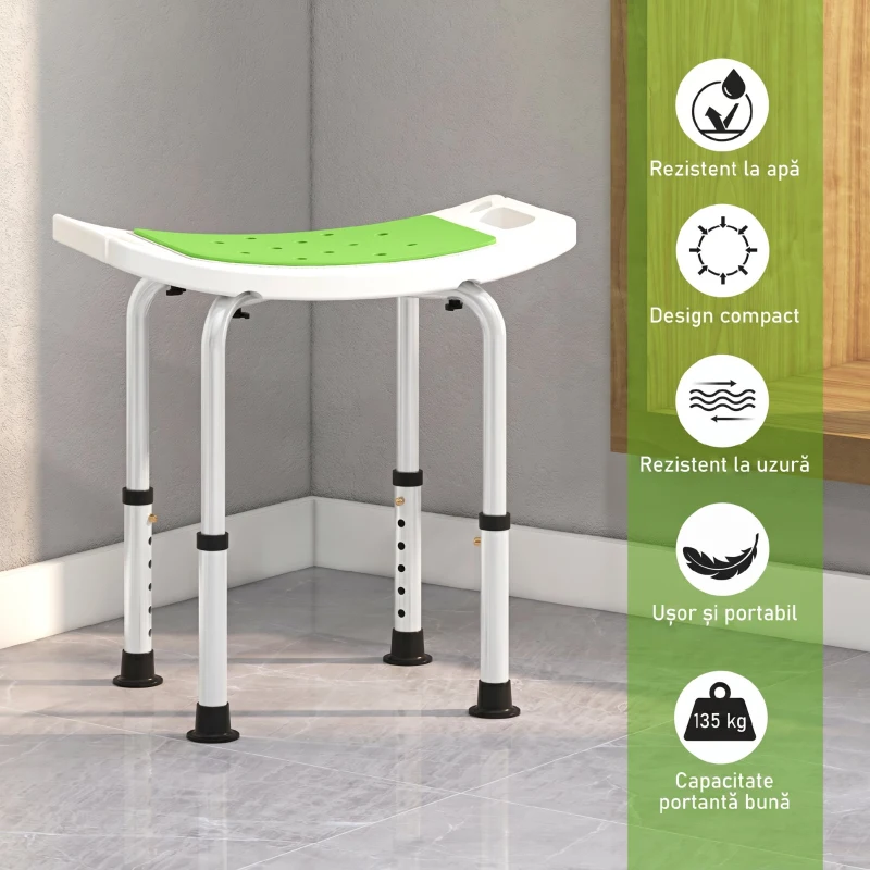HOMCOM Scaun pentru duș din aluminiu și plastic antiderapant, înălțime reglabilă pe 6 nivele, 39-52cm, verde