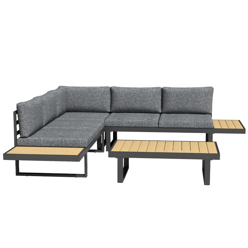 Outsunny Set de Grădină 4 Piese din Aluminiu cu 2 Canapele, Fotoliu Colțar și Măsuță de Cafea, Gri și Teak