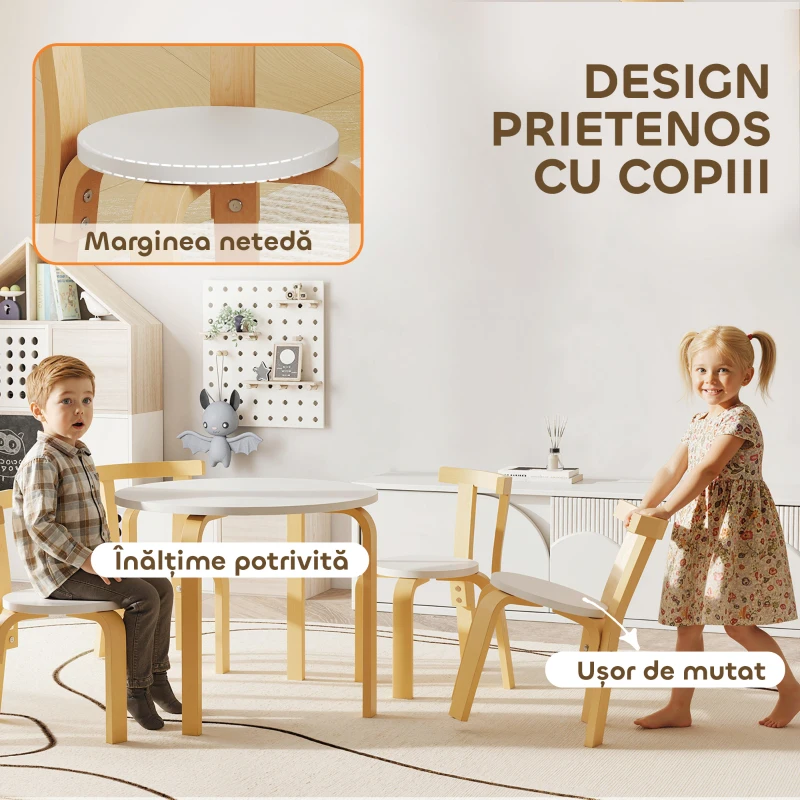 AIYAPLAY Set masă și scaune pentru copii 3-8 ani, 5 piese cu margini rotunjite, din lemn alb