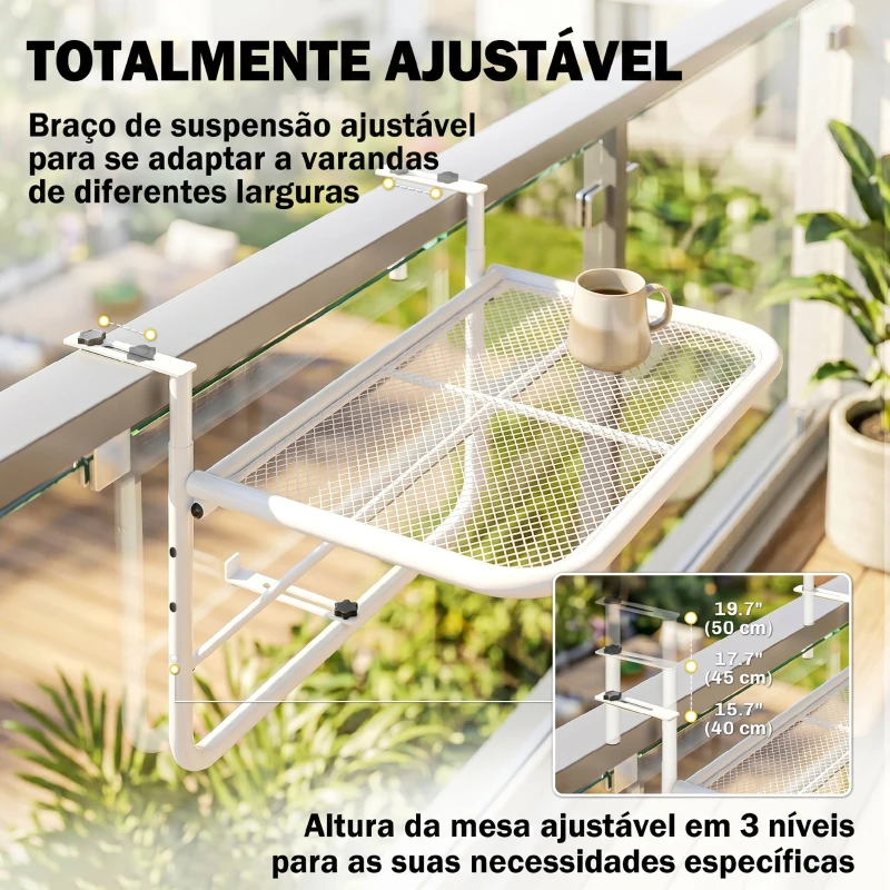 Outsunny Mesa Suspensa para Varanda com Braço e Altura Ajustável em 3 Posições Estrutura de Metal 60x56,5x45 cm Branco