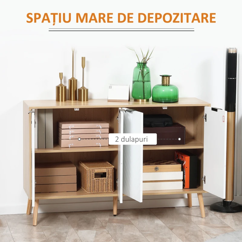 HOMCOM Dulap de Depozitare cu 2 Dulăpioare cu Rafturi Reglabile, din Lemn de Pin, 120x35x77,4 cm, Culoare Lemn și Alb