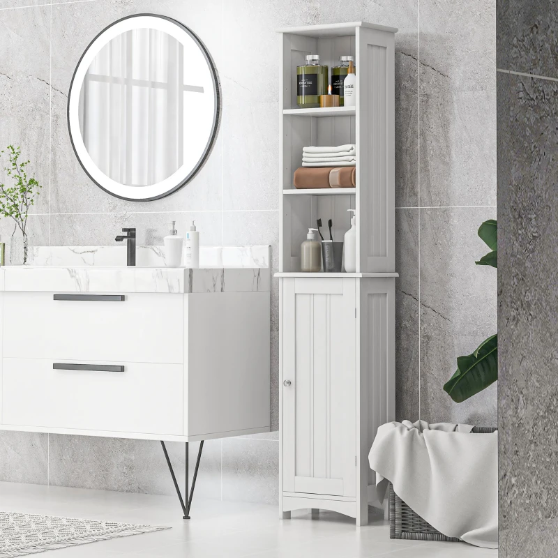 kleankin Columna de Baño con 3 Compartimientos Puerta y Estantes Ajustables para Ducha Aseo 34x23x165 cm Blanco