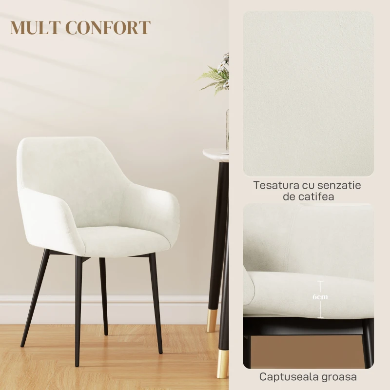 HOMCOM Set 2 Scaune de Dining Nordice Tapițate cu Brațe Curbate din Material Catifelat, 54x57x80 cm, Crem