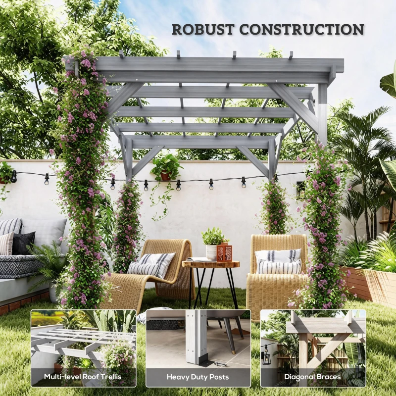 Outsunny 2 x 2m Wooden Pergola Kit, Decorative Garden Gazebo Shelter with Stable Structure for Climbing Vines, Flowers, Grey