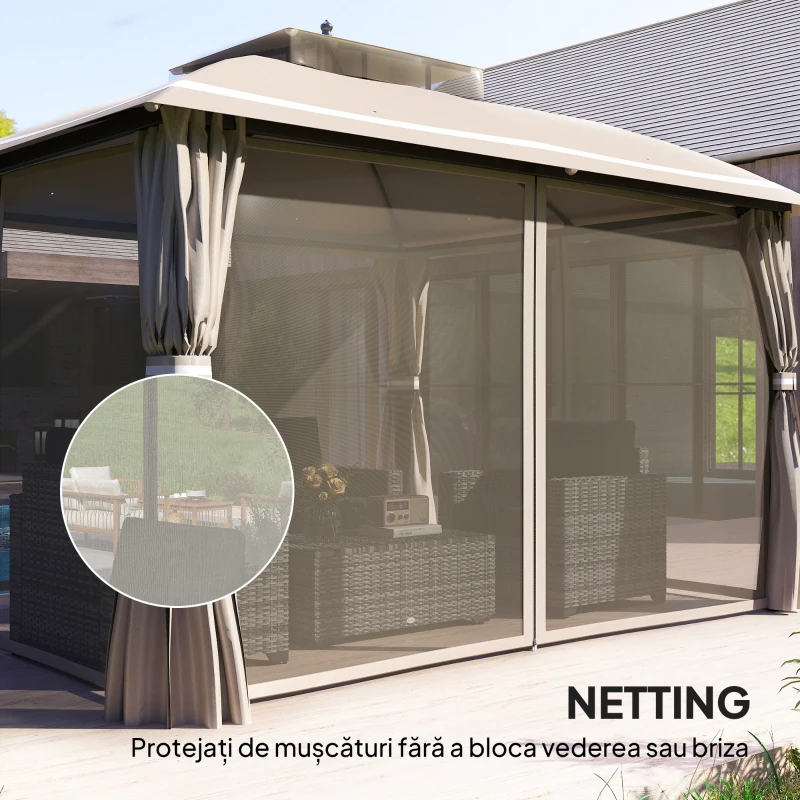 Outsunny Pavilion de grădină 3.7 x 3 m cu plasă de țânțari, perdele laterale și acoperiș dublu, bej