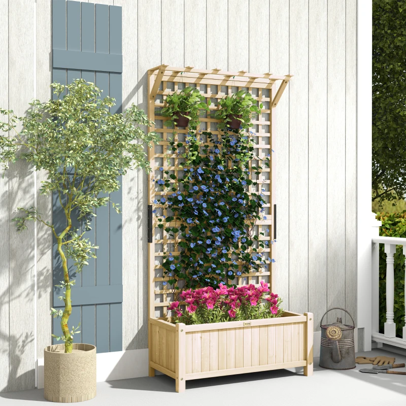 Outsunny Jardinieră cu Găuri de Drenaj, Ghiveci din Lemn cu Spalier pentru Plante Cățărătoare, Flori, Natural