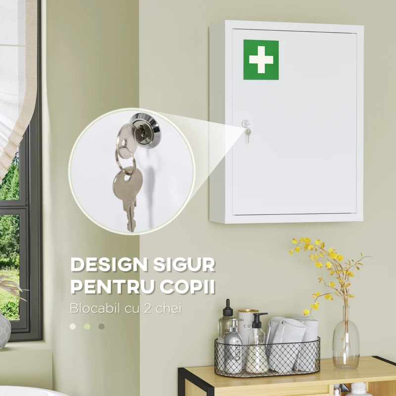 kleankin Dulap pentru Medicamente cu 3 Rafturi și Încuietoare cu 2 Chei, din Oțel, 40x15x53,5 cm, Alb