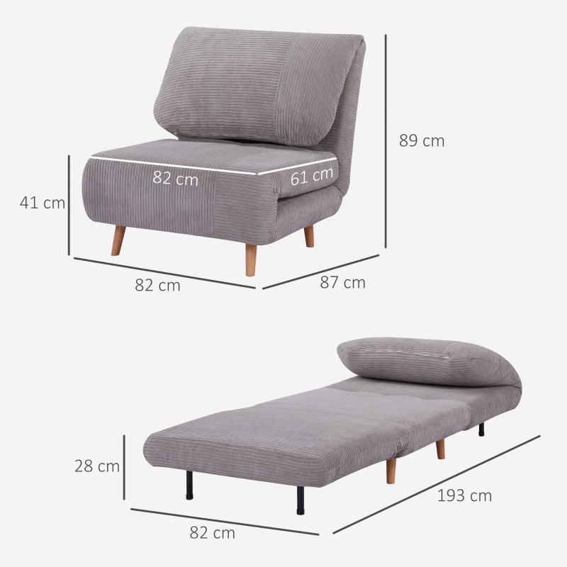 HOMCOM Fotoliu Pat Reclinabil 2 în 1 cu Șezut Extra-Large, Efect Catifea, Gri