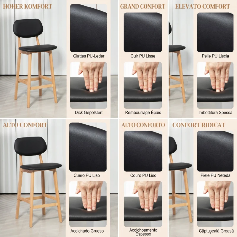 HOMCOM Set 2 Scaune de Bar cu spătar, tapițerie din piele ecologică și suport pentru picioare, 42x47x92cm, negru