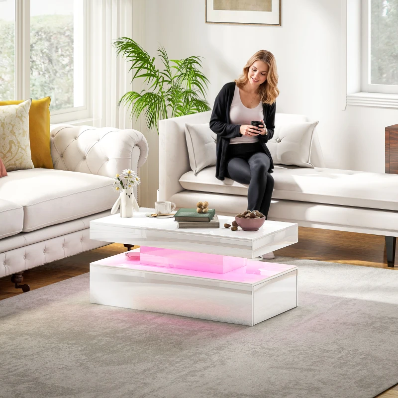 HOMCOM LED Coffee Table with Storage - High Gloss White