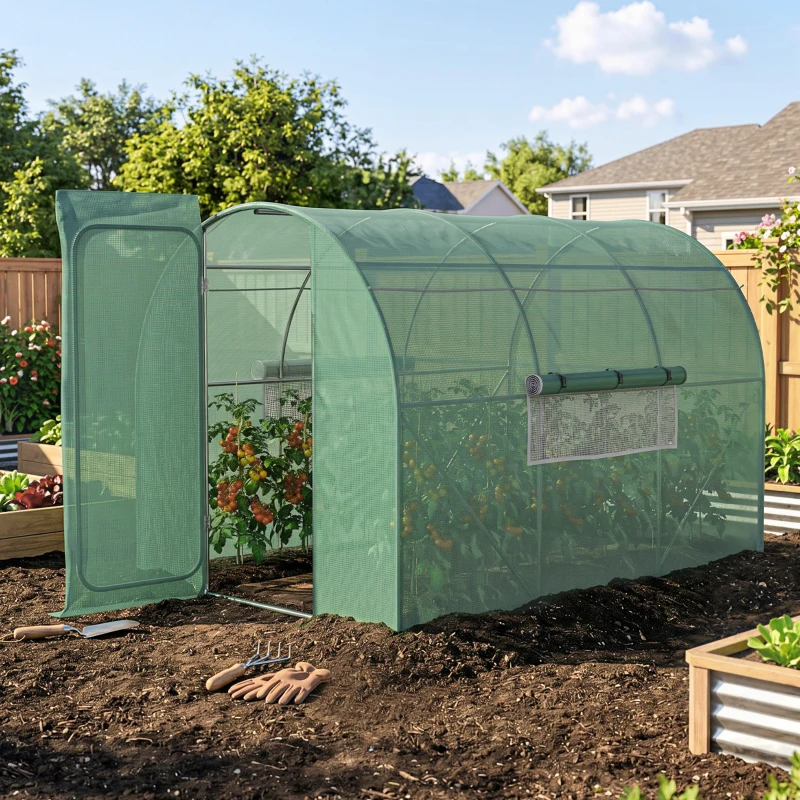 Outsunny Invernadero de Túnel 3x2x2 m con Puerta y Ventanas Invernadero de Jardín con Cubierta de PE y Metal Galvanizado Verde