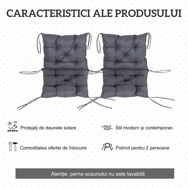 Outsunny Set 2 Perne pentru Scaune de Exterior din Poliester și Bumbac cu Șnururi, 50x98x8 cm, Gri