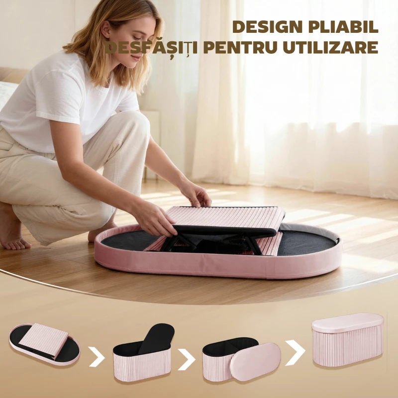 HOMCOM Pouf pliabil cu spațiu de depozitare modern, tapițat cu catifea, 72L, pentru living și dormitor, 76x38x35 cm, Roz